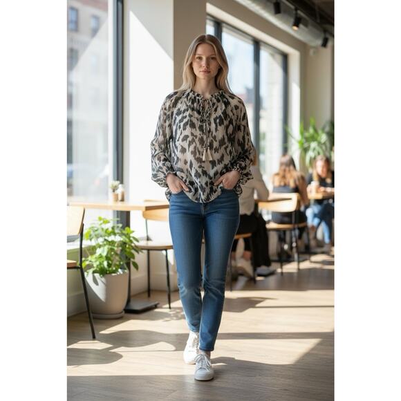 Bishop + Young Animal Print Blouse Tie Neck Long Sleeve Work Ivory Black Size S - Picture 7 of 13